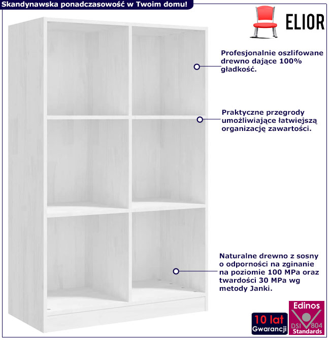 Infografika białego regału drewnianego do salonu Mariel 4X
