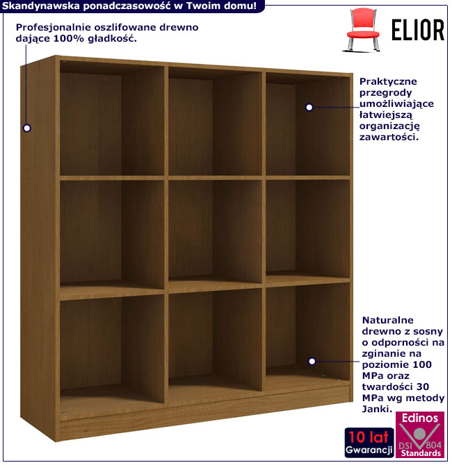 Infografika regału kwadratowego drewnianego w kolorze miodowy brąz Jevi 5X