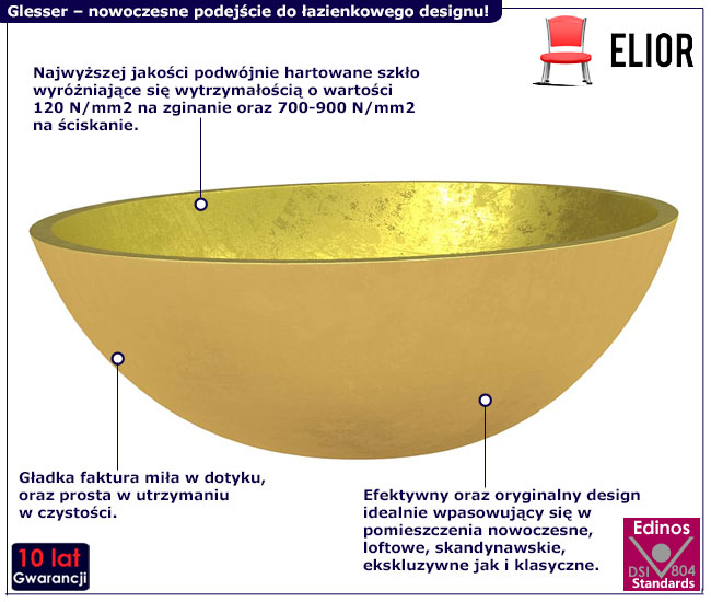 Szklana umywalka nablatowa Glesser kolor złoty