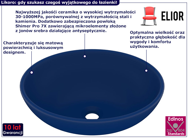 Matowa umywalka nablatowa Lunari kolor niebieski