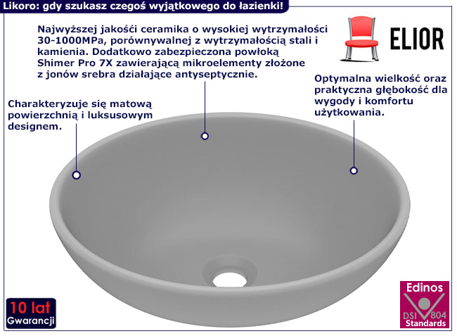 Matowa umywalka nablatowa Feriks kolor jasnoszary