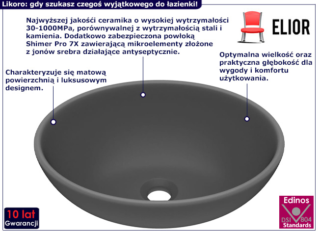 Matowa umywalka nablatowa Feriks kolor ciemnoszary
