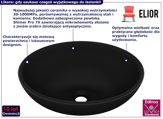 Matowa umywalka nablatowa Lunari kolor czarny 