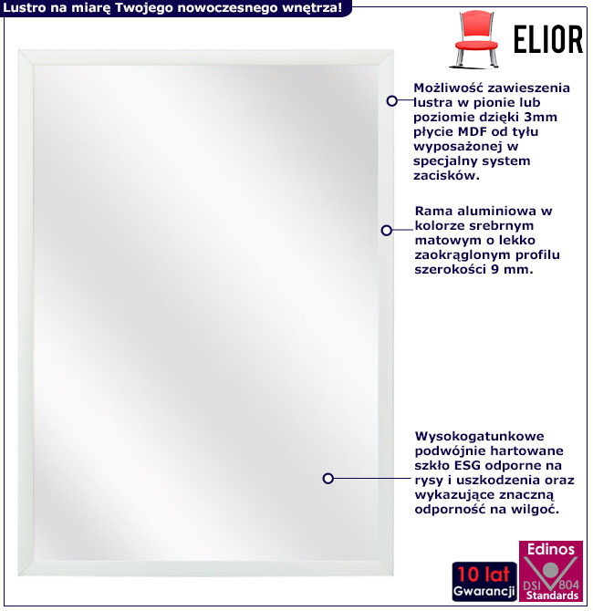 Infografika srebrnego lustra w aluminiowej ramie Creme