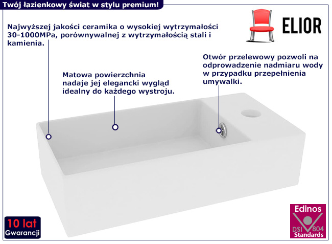 Prostokątna umywalka nablatowa biała Matijas