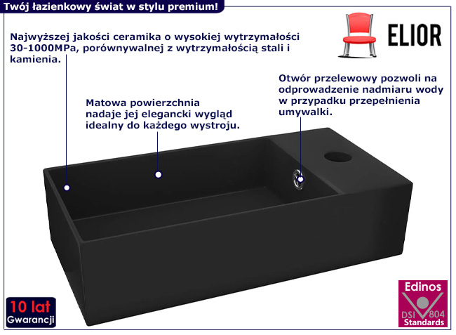 Prostokątna umywalka nablatowa czarna Nario