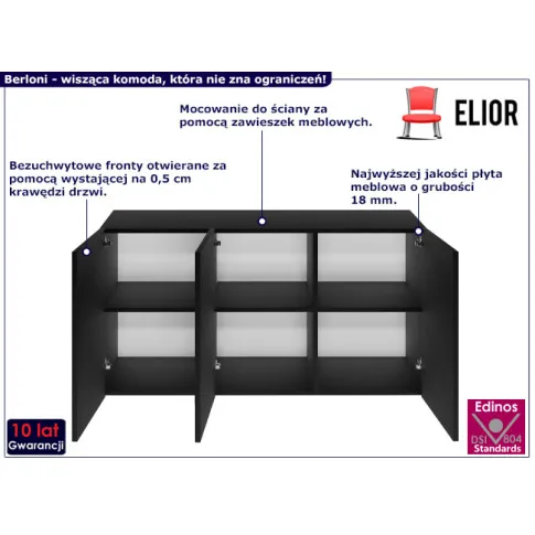 Bezuchwytowa komoda ścienna Berloni 3X kolor czarny
