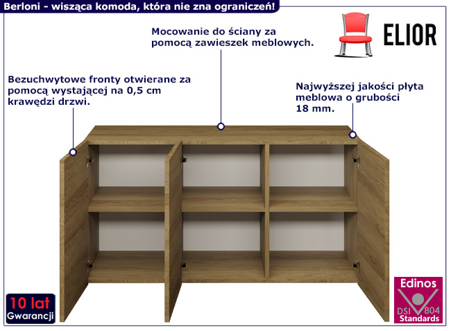 Wisząca komoda z półkami kolor dąb hikora Berloni 3X