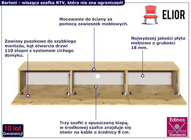 Wisząca szafka RTV Elorones 4X kolor dąb artisan