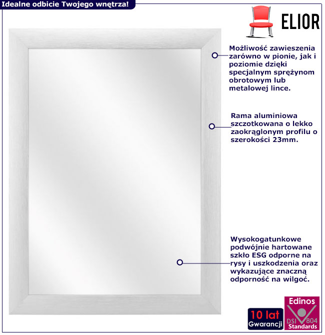 Infografika srebrnego lustra w ramie ze szczotkowanego aluminium Mesa
