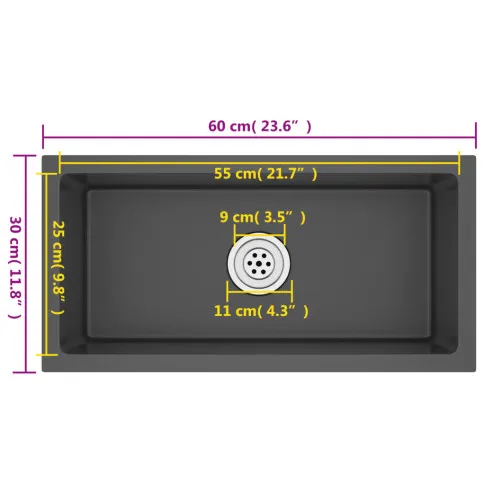 Wewnętrzne wymiary czarnego zlewu Latori 6X