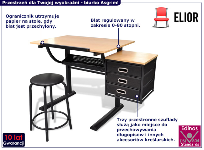 Regulowane biurko kreślarskie z siedziskiem aSGRIM