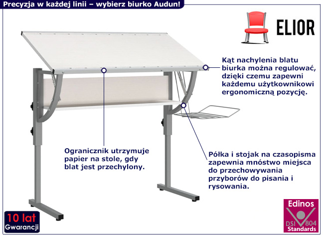 Regulowane biurko kreślarskie Audun biało-szare