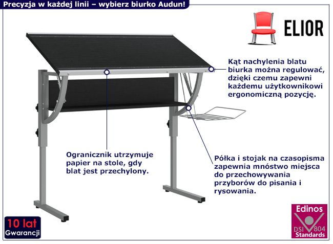 Regulowane biurko kreślarskie Audun czarno-szare