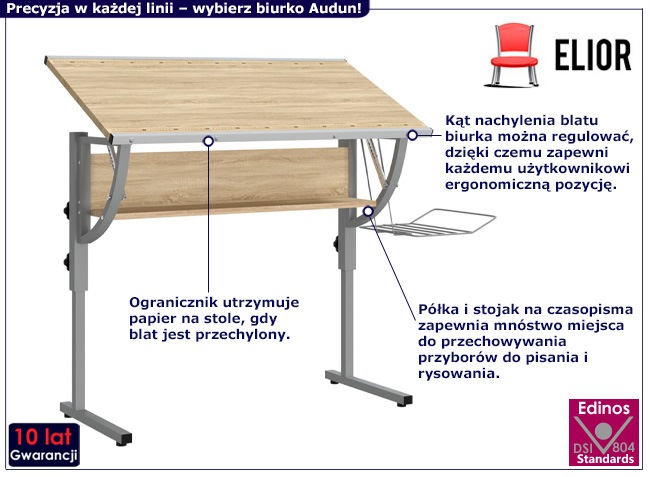 Regulowane biurko kreślarskie Guveri dąb sonoma+szary