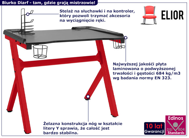 Biurko gamingowe Cortina 11W kolor czarny+czerwony