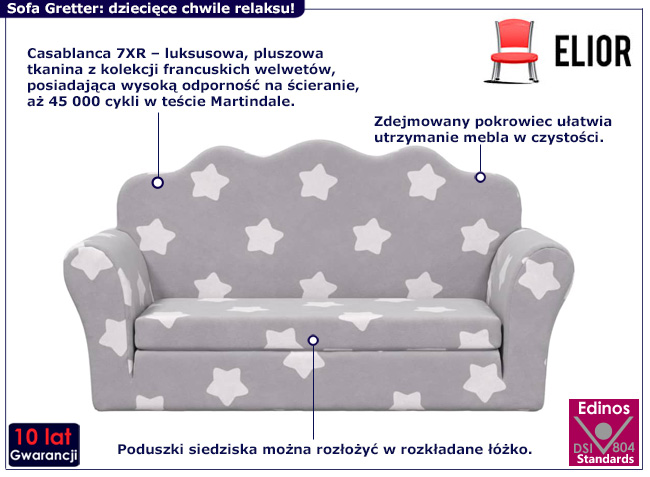 2-osobowa sofa dziecięca Gretter 3X kolor szary z gwiadkami
