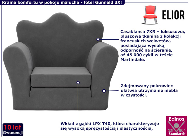 Rozkładany fotel dziecięcy Gunnald 3X kolor antracyt