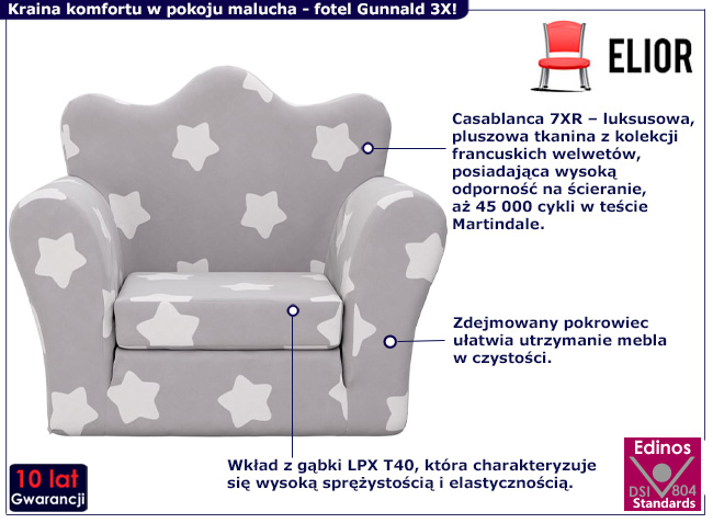 Rozkładany fotel dziecięcy Gunnald 3X szary z gwiazdkami 