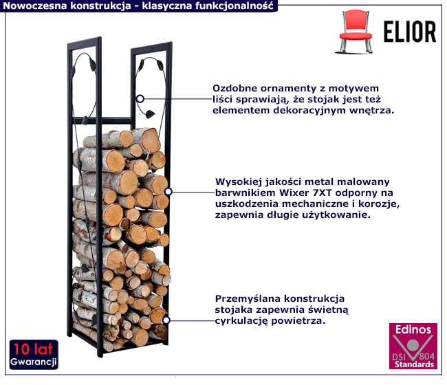 Czarny wysoki stojak na drewno ze zdobieniem w liście Celine 4X