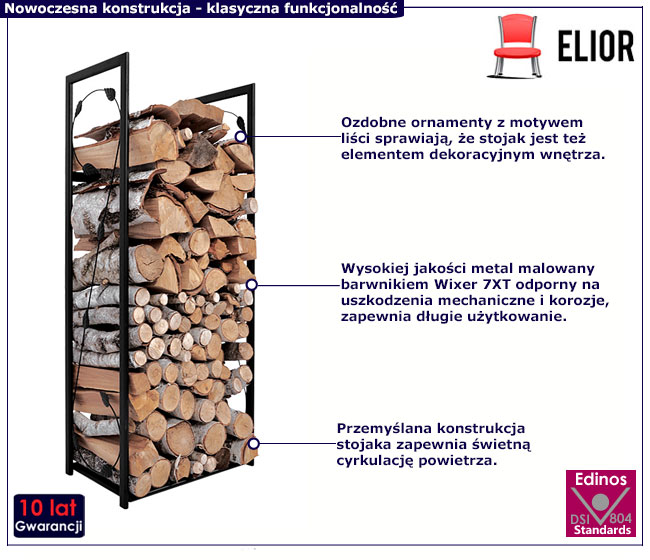 Czarny wysoki stojak na drewno z motywem liści Celine 5X