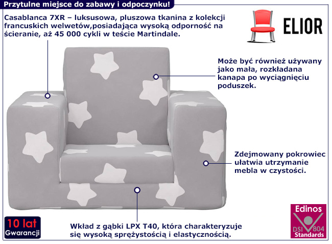 Rozkładany fotel dziecięcy Hurems 3Xszary z gwiazdkami