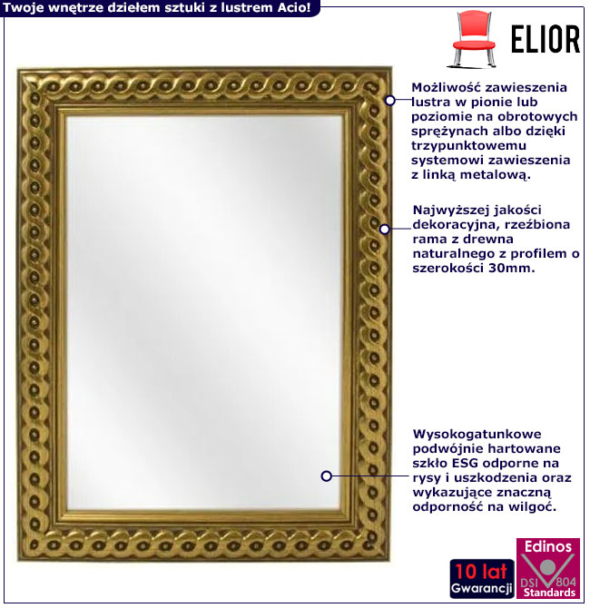 Infografika dekoracyjnego złotego lustra w stylu glamour Acio