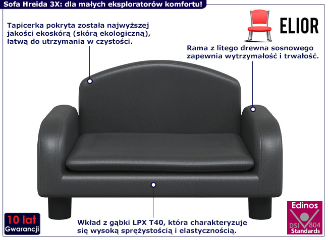 Dziecięca sofa z ekoskóry Hreida 3X kolor czarny