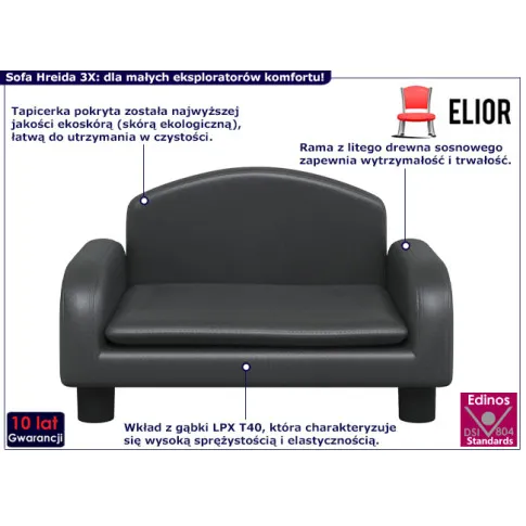 Czarna dziecięca sofa z ekoskóry1 Hreida 3X