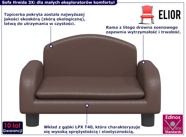 Dziecięca sofa z ekoskóry Velira 3X kolor brązowy