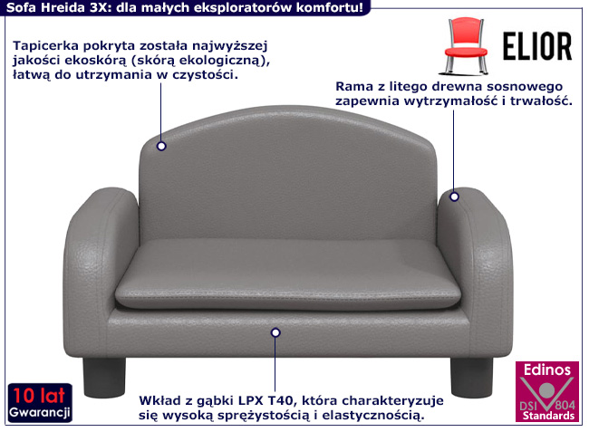 Dziecięca sofa z ekoskóry Velira 3X kolor szary