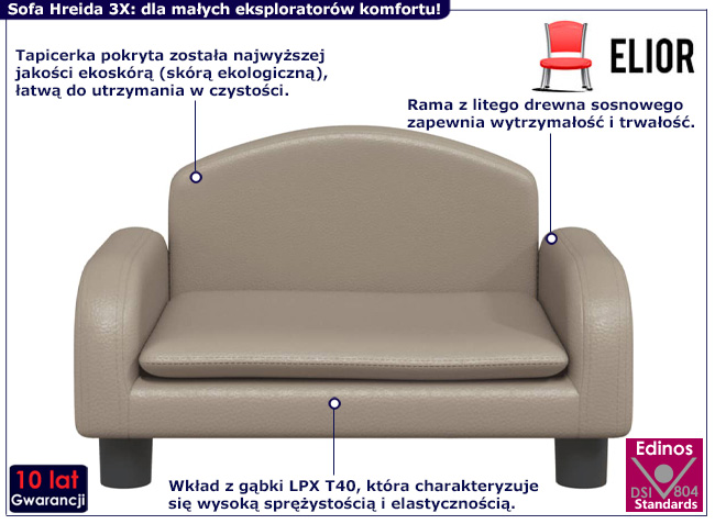 Dziecięca sofa z ekoskóry Hreida 3X kolor cappuccino