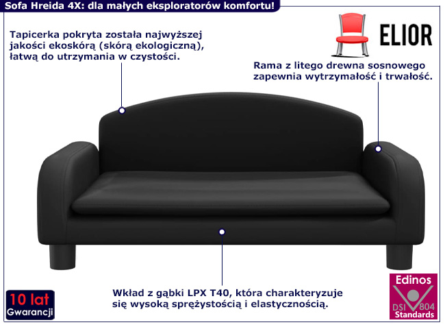 Dziecięca sofa z ekoskóry Hreida 4X kolor czarny