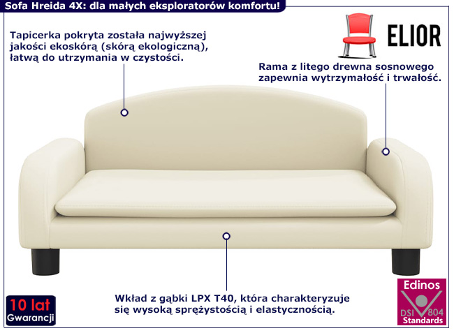 Dziecięca sofa z ekoskóry Hreida 4X kolor kremowy