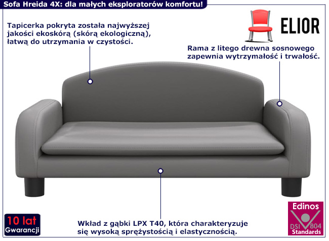 Dziecięca sofa z ekoskóry Velira 4X kolor szary