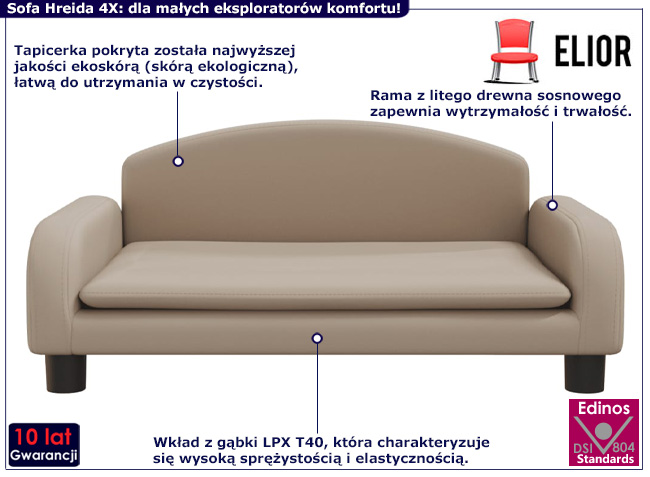 Dziecięca sofa z ekoskóry Hreida 4X kolor cappuccino