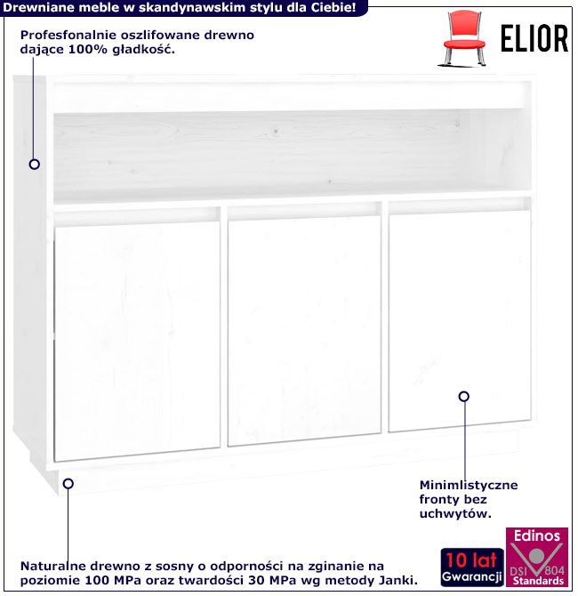 Infografika białej sosnowej komody trzydrzwiowej z półką Piwi 4X
