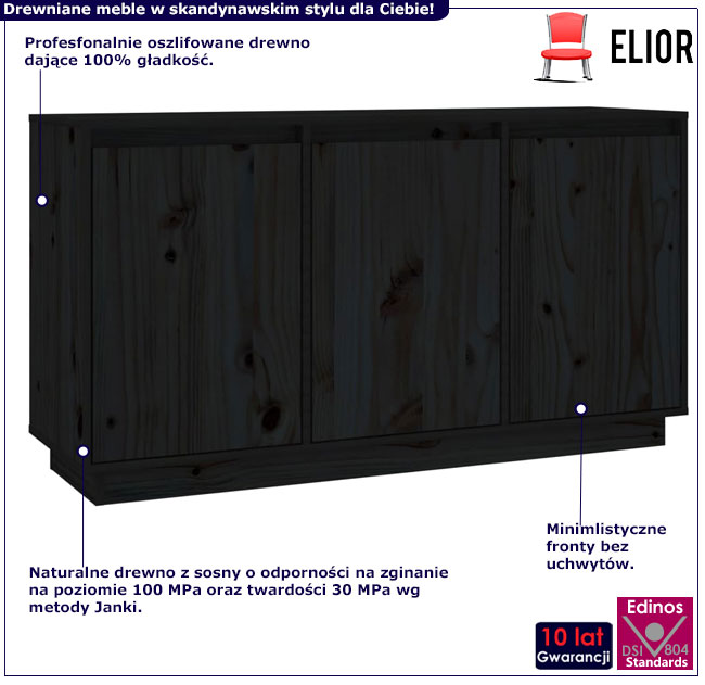 Infografika czarnej trzydrzwiowej komody z litego drewna Englo 4X
