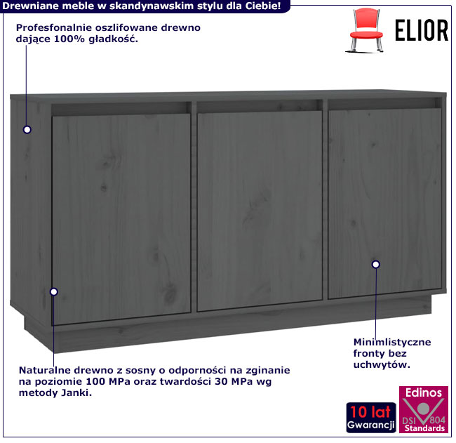 Infografika szarej  trzydrzwiowej komody z litego drewna Englo 4X