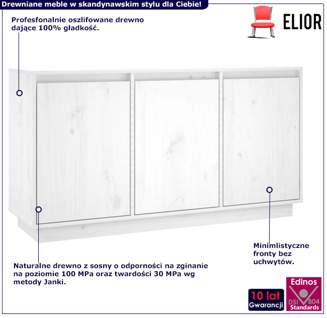 Infografika białej trzydrzwiowej komody z litego drewna Englo 4X