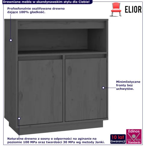 Infografika drewnianej szafki z otwartą półką szary Jovi 3X