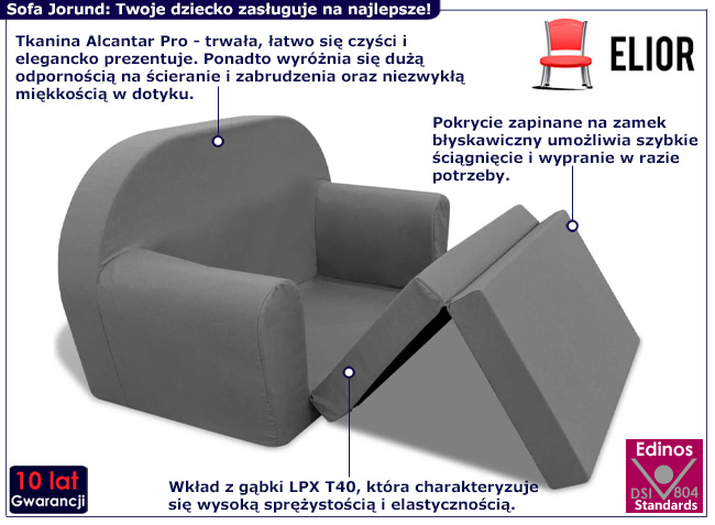 Szara sofa dziecięca rozkładana Fokser