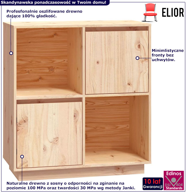 Infografika sosnowego regału kwadrat z 2 szafkami Sorik 5X