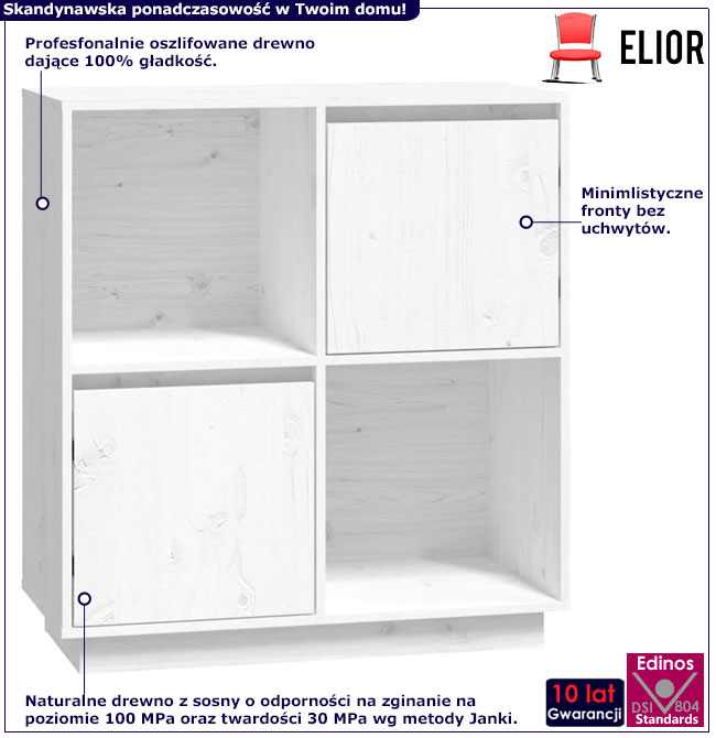 Infografika białego sosnowego regału kwadrat z 2 szafkami Sorik 5X