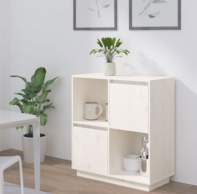 Wnętrze z wykorzystaniem regału z litego drewna sosnowego białego Sorik 5X