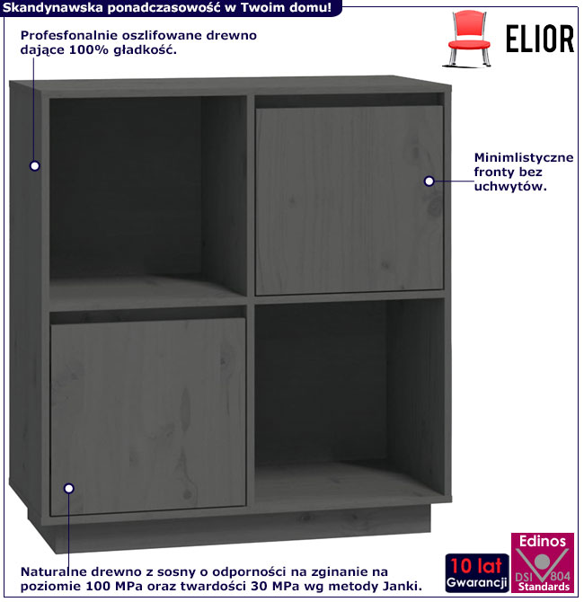Infografika szarego sosnowego regału kwadrat z 2 szafkami Ovos 5X