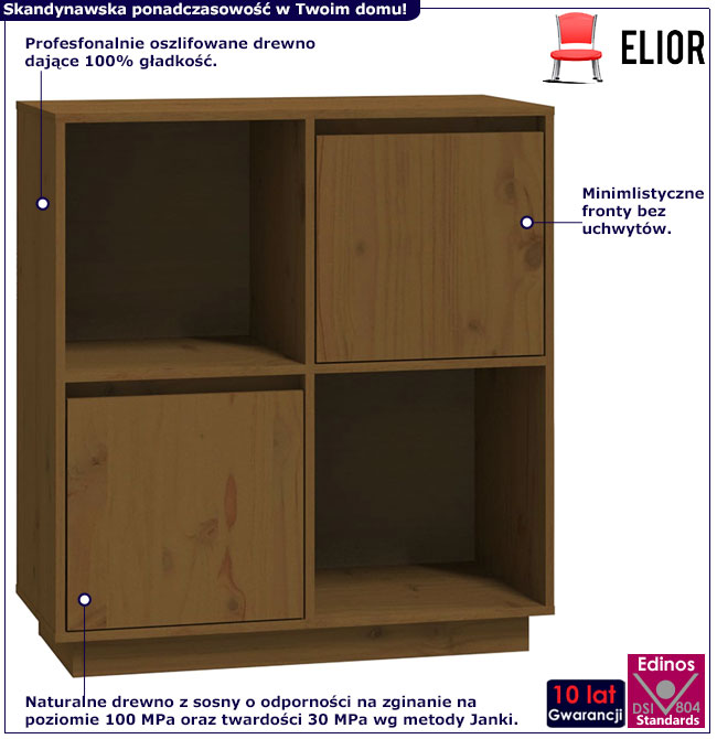 Infografika sosnowego regału z 2 szafkami miodowy brąz Sorik 5X