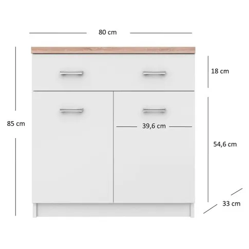 wymiary białej komody dwudrzwiowej z szufladą 80cm Ontario 6X