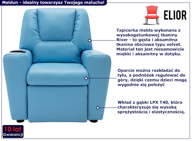 Niebieski fotel dziecięcy z ekoskóry Meva
