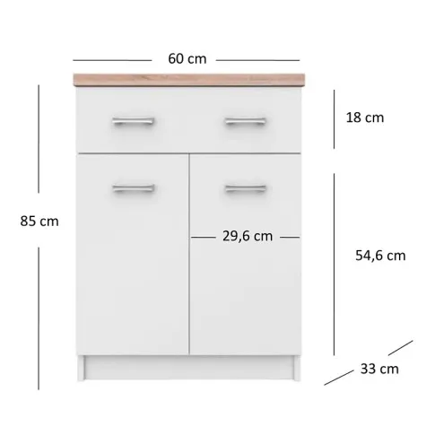 wymiary białej komody dwudrzwiowej z szufladą 60cm Ontario 7X